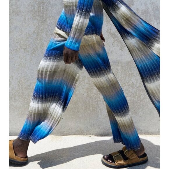 NWT  Zara Metallic Thread Knit Multi Blue Lightweight Wide Leg Summer Pants L - Picture 10 of 11